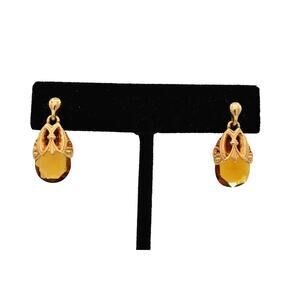 PO Vintage Crystal Stud Dangle Earrings Brown Chocolate Faceted Gold Tone BinAZ